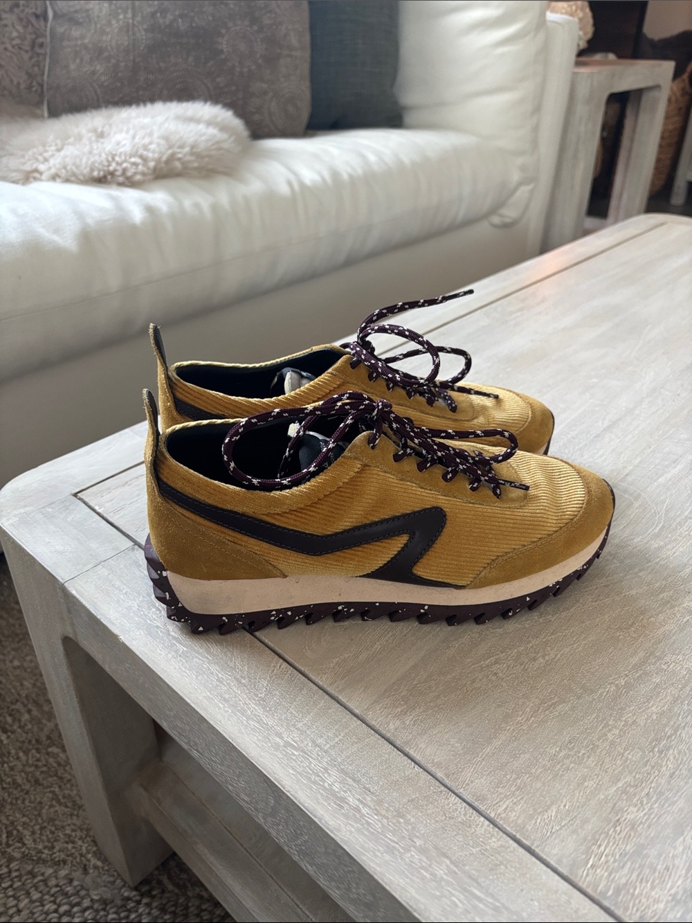 rag & bone mustard yellow corduroy sneakers with maroon laces